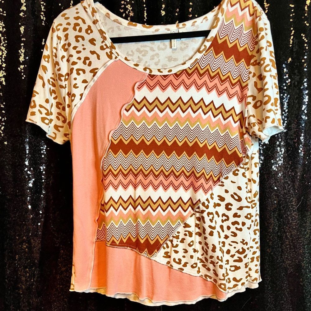 Cato Pink and Brown‎ Chevron Short Sleeve Top